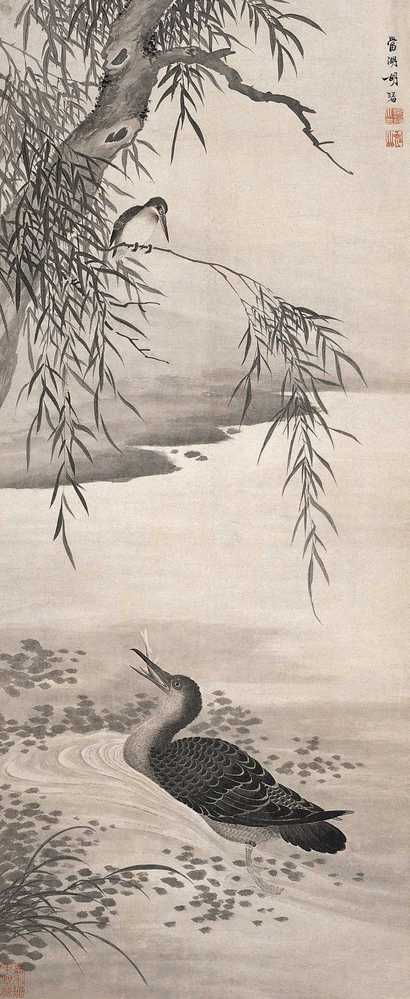 胡湄 柳塘水凫图 立轴